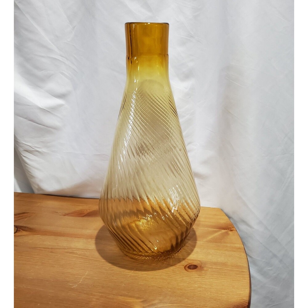Vintage MCM Amber Blown Glass Swirl Large Vase Decor, 16" H